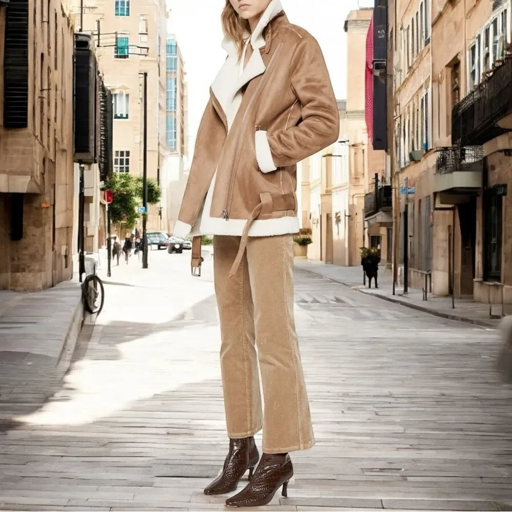 NWT BARDOT Shearling Camel Moto Jacket XL